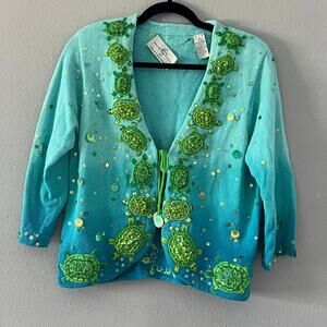 Design Options Turtle Sequin Cardigan Sweater Turquoise Ombré Size S Coastal